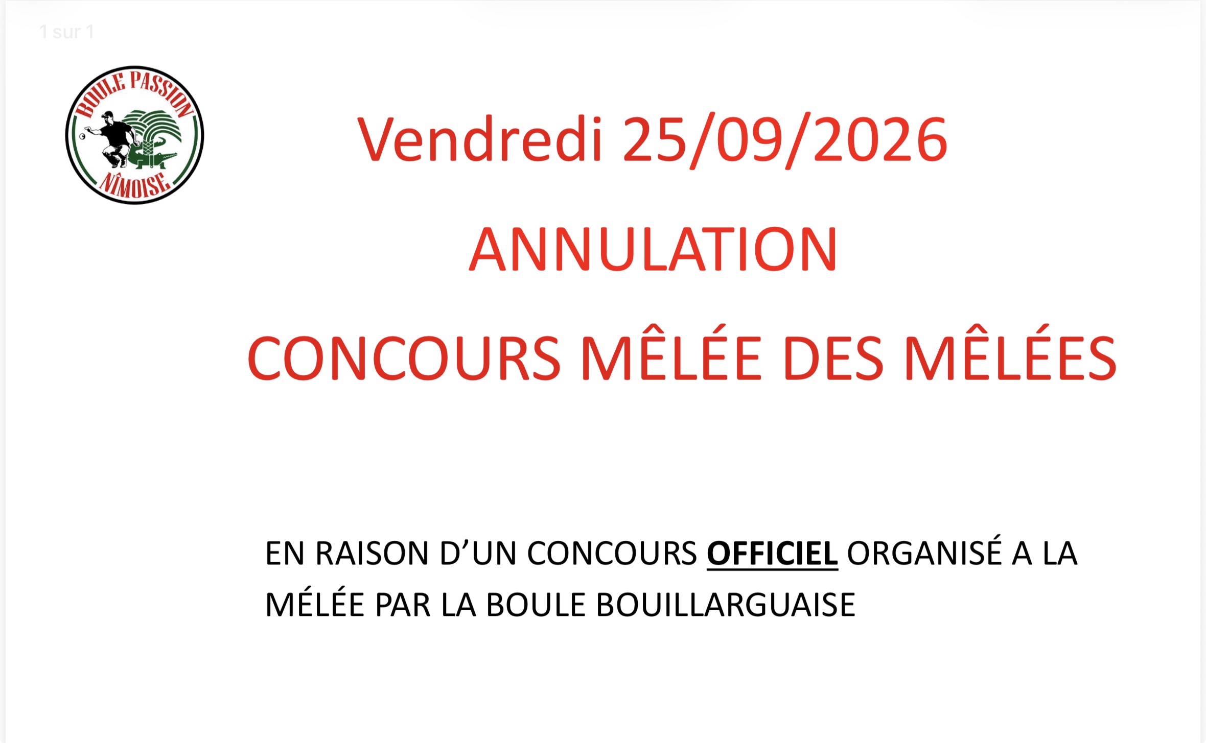 ANNULATION CONCOURS VENDREDI 25 SEPTEMBRE 2026